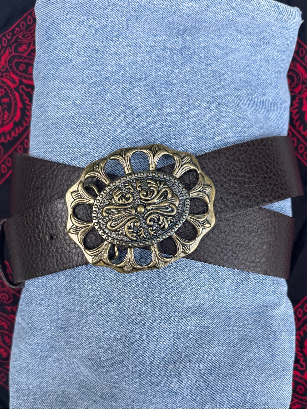 Faded Glory Brown Leather Belt Gold Buckle XL